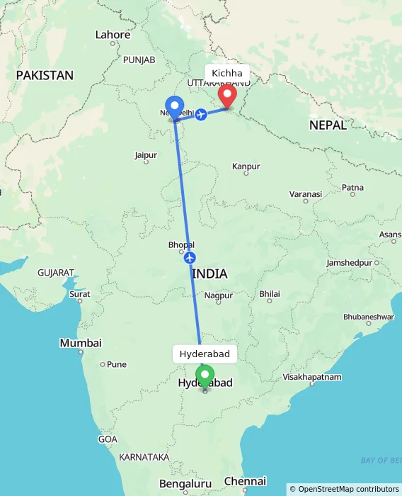 Route map showing distance and travel time from Hyderabad, India to Kichha, India