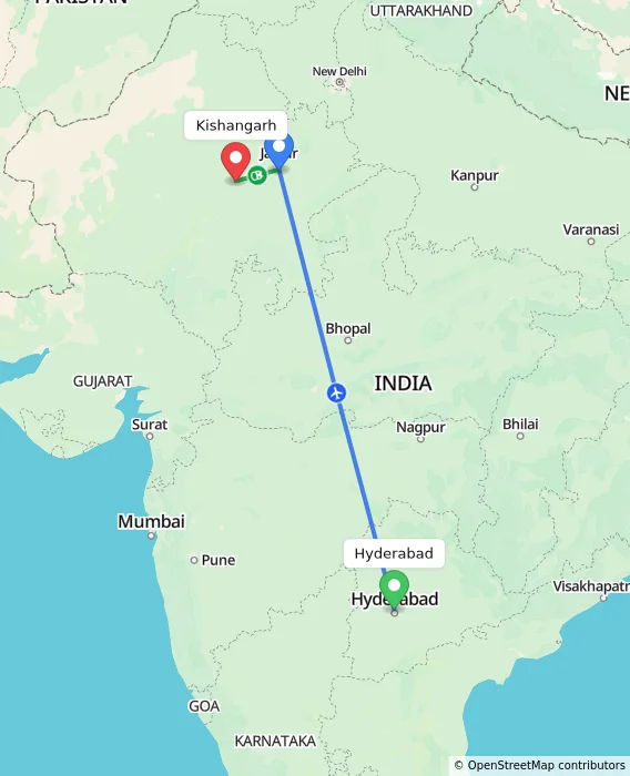 Route map showing distance and travel time from Hyderabad, India to Kishangarh, India
