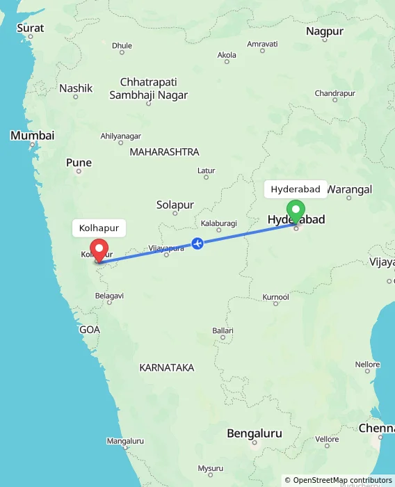 Route map showing distance and travel time from Hyderabad, India to Kolhapur, India