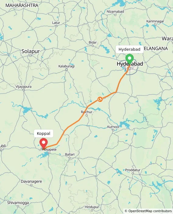 Route map showing distance and travel time from Hyderabad, India to Koppal, India
