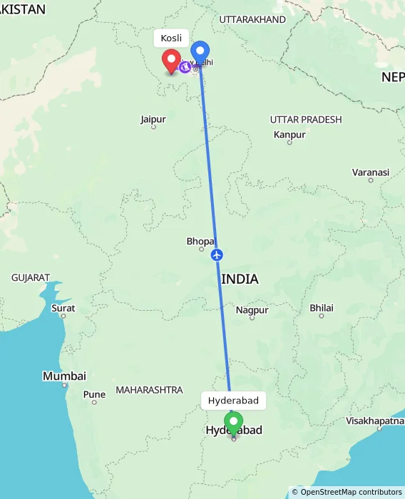Route map showing distance and travel time from Hyderabad, India to Kosli, India