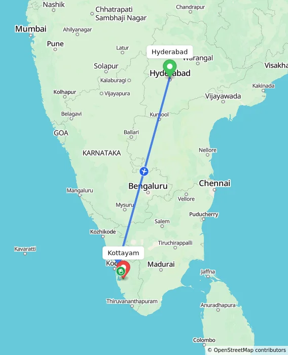 Route map showing distance and travel time from Hyderabad, India to Kottayam, India