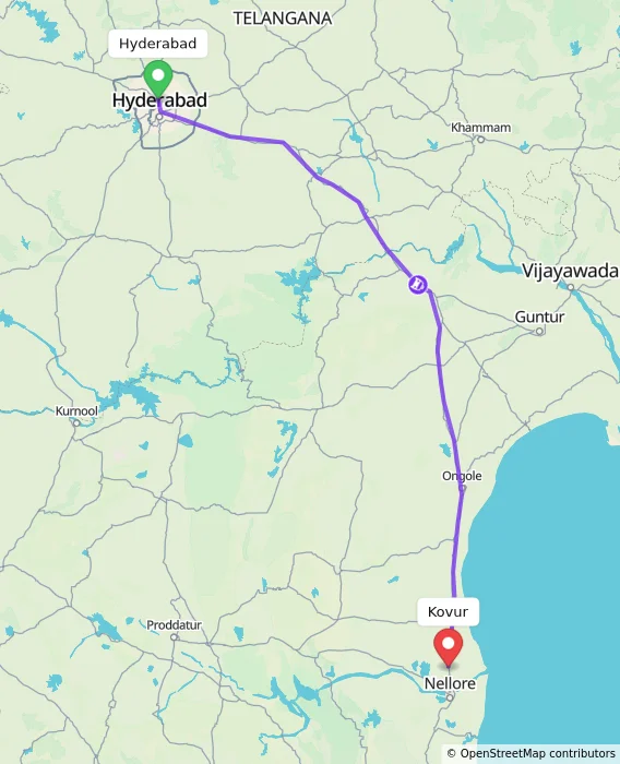 Route map showing distance and travel time from Hyderabad, India to Kovur, India
