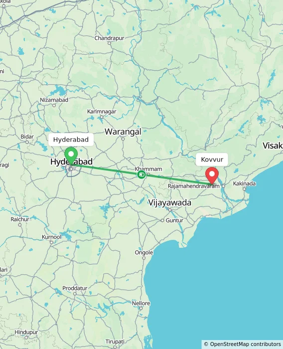 Route map showing distance and travel time from Hyderabad, India to Kovvur, India