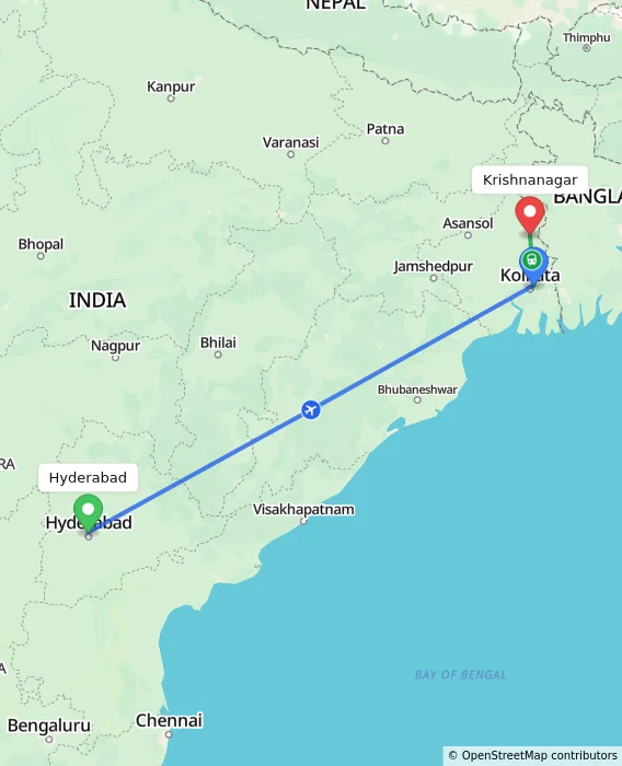 Route map showing distance and travel time from Hyderabad, India to Krishnanagar, India