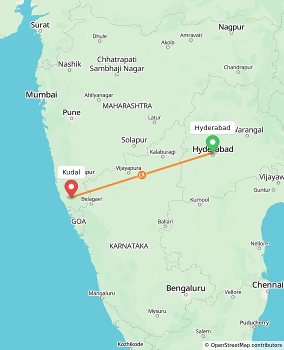 Route map showing distance and travel time from Hyderabad, India to Kudal, India