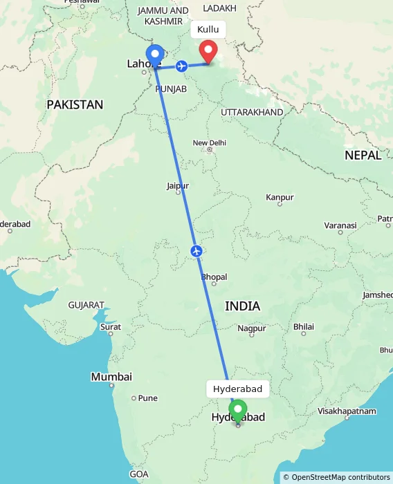 Route map showing distance and travel time from Hyderabad, India to Kullu, India
