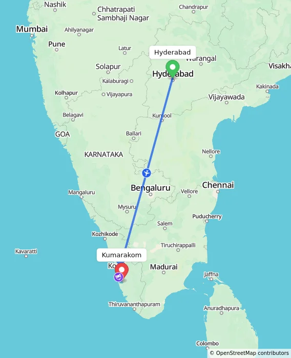 Route map showing distance and travel time from Hyderabad, India to Kumarakom, India
