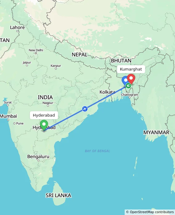 Route map showing distance and travel time from Hyderabad, India to Kumarghat, India
