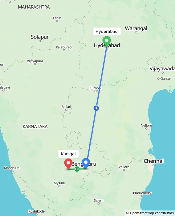 Route map showing distance and travel time from Hyderabad, India to Kunigal, India