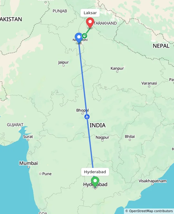 Route map showing distance and travel time from Hyderabad, India to Laksar, India