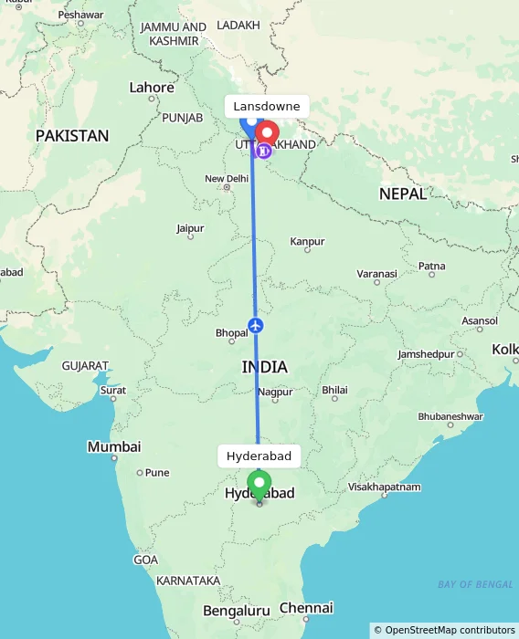 Route map showing distance and travel time from Hyderabad, India to Lansdowne, India