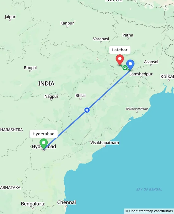 Route map showing distance and travel time from Hyderabad, India to Latehar, India