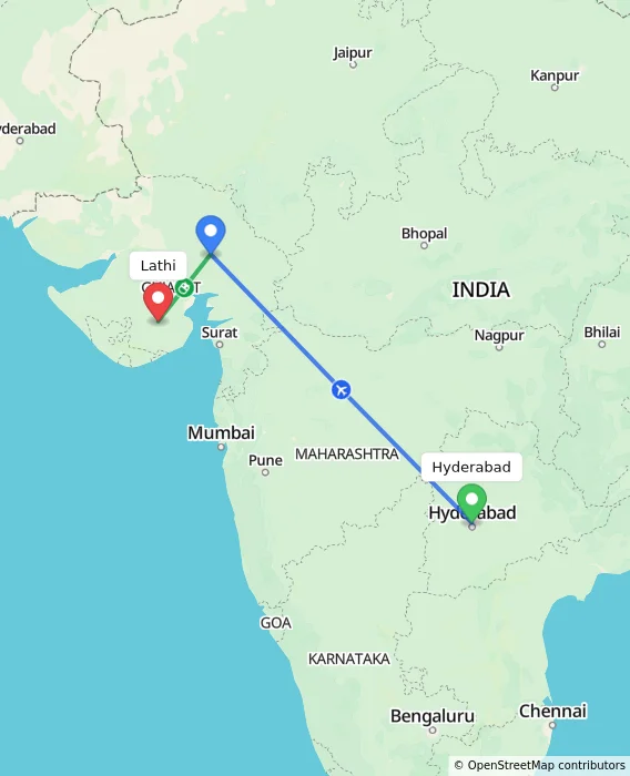 Route map showing distance and travel time from Hyderabad, India to Lathi, India
