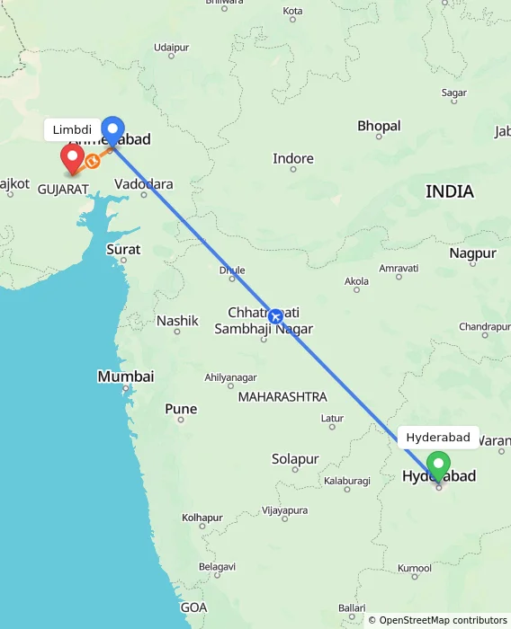 Route map showing distance and travel time from Hyderabad, India to Limbdi, India
