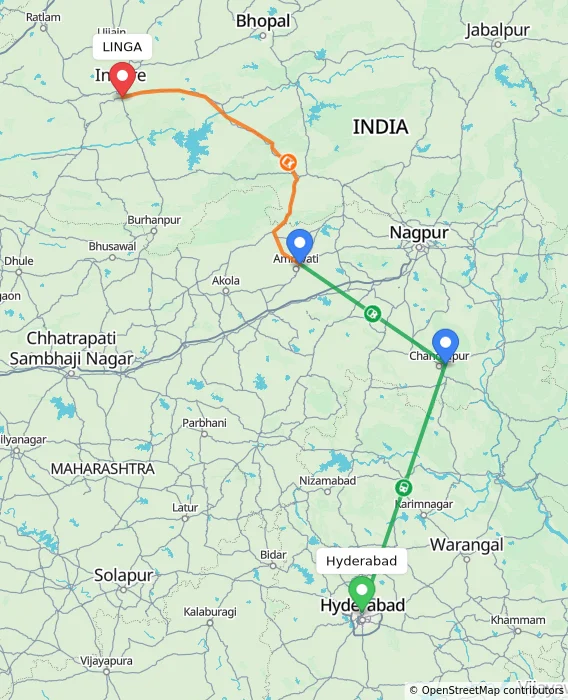 Route map showing distance and travel time from Hyderabad, India to LINGA, India