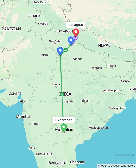 Route map showing distance and travel time from Hyderabad, India to Lohaghat, India