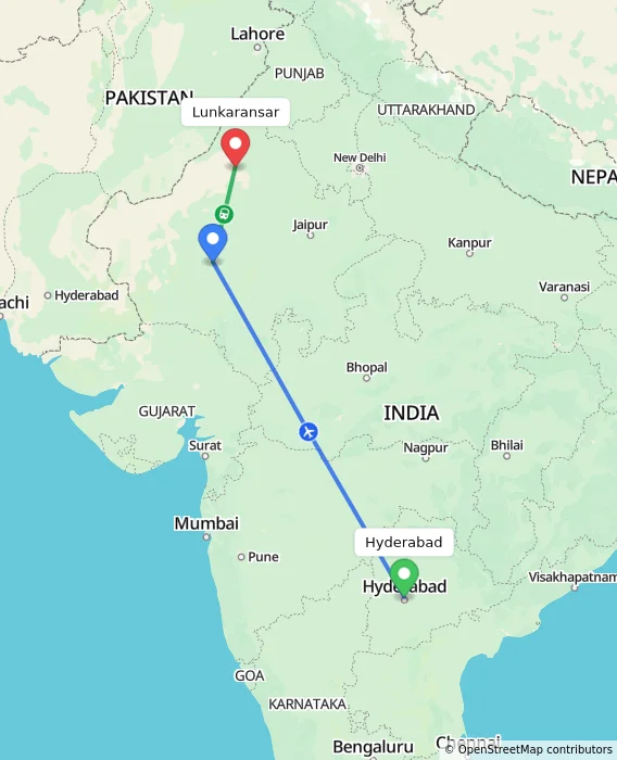 Route map showing distance and travel time from Hyderabad, India to Lunkaransar, India