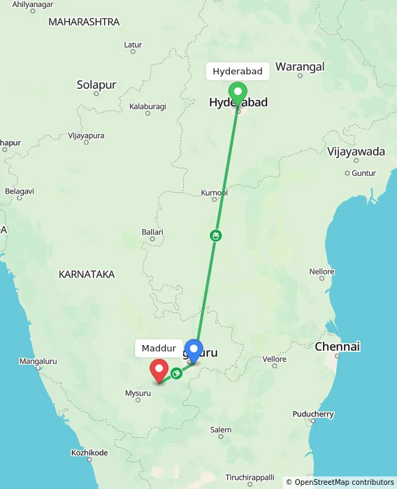 Route map showing distance and travel time from Hyderabad, India to Maddur, India