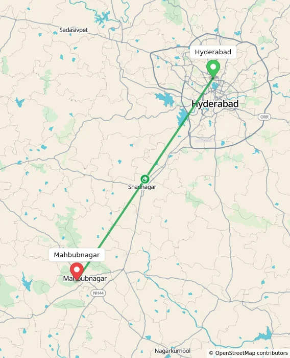 Route map showing distance and travel time from Hyderabad, India to Mahbubnagar, India