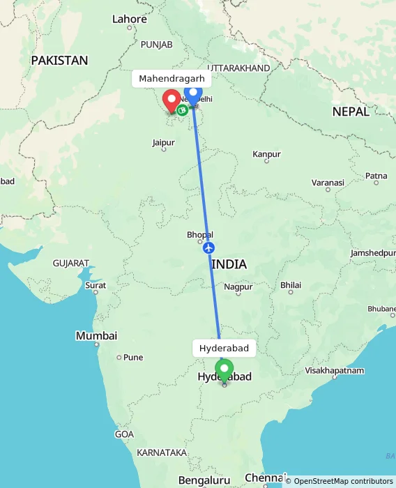 Route map showing distance and travel time from Hyderabad, India to Mahendragarh, India