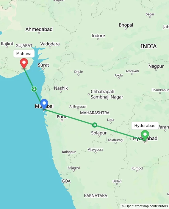 Route map showing distance and travel time from Hyderabad, India to Mahuva, India