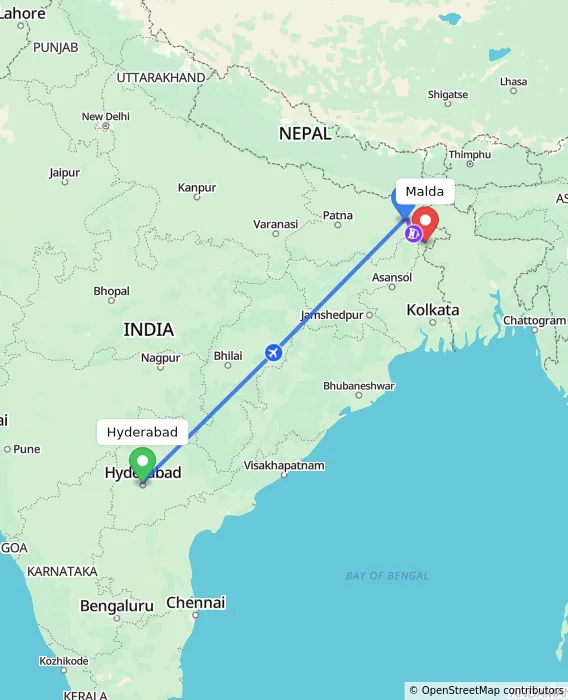 Route map showing distance and travel time from Hyderabad, India to Malda, India