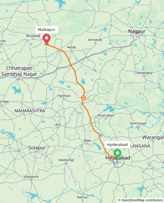 Route map showing distance and travel time from Hyderabad, India to Malkapur, India