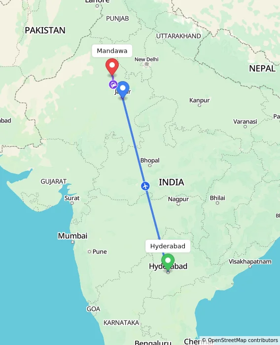 Route map showing distance and travel time from Hyderabad, India to Mandawa, India