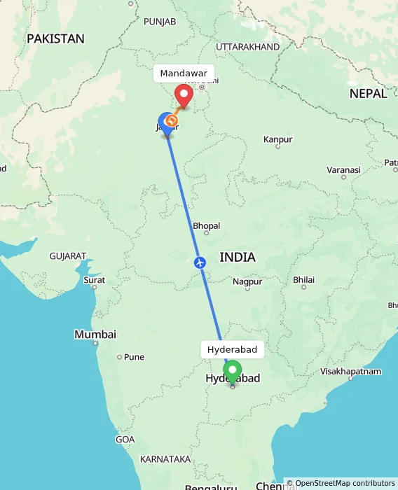 Route map showing distance and travel time from Hyderabad, India to Mandawar, India