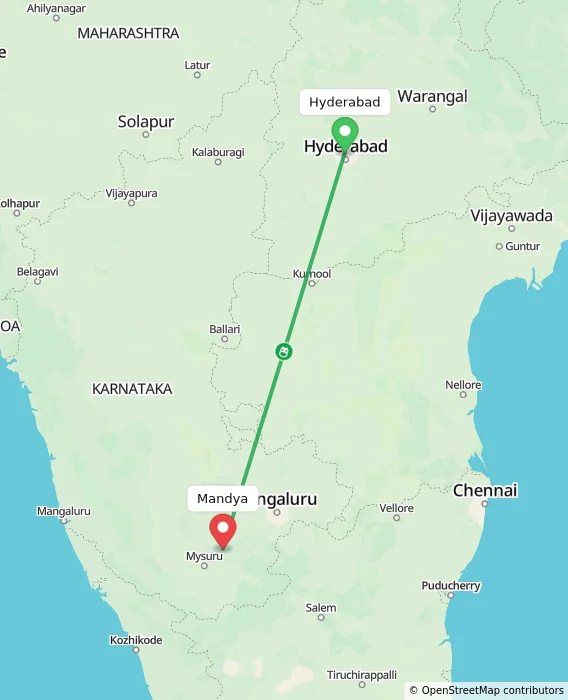 Route map showing distance and travel time from Hyderabad, India to Mandya, India