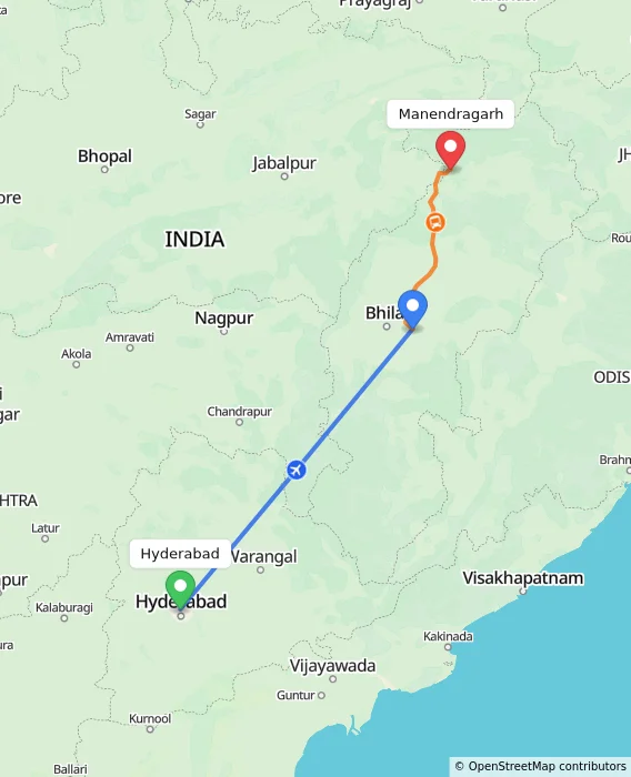 Route map showing distance and travel time from Hyderabad, India to Manendragarh, India