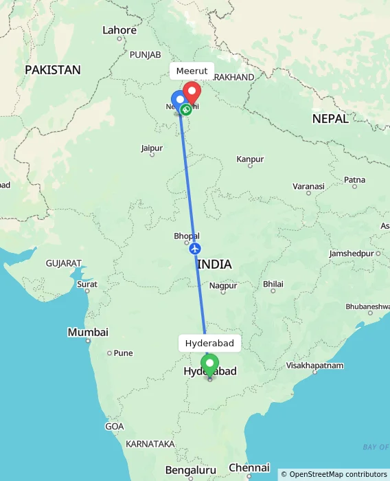 Route map showing distance and travel time from Hyderabad, India to Meerut, India