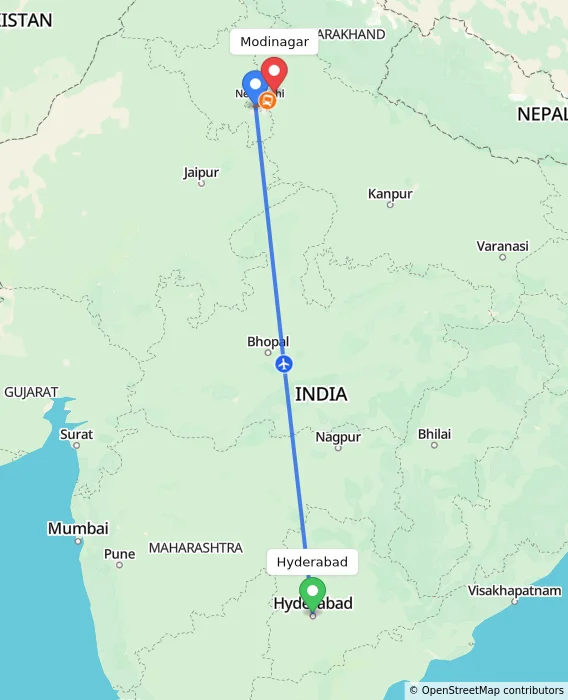 Route map showing distance and travel time from Hyderabad, India to Modinagar, India