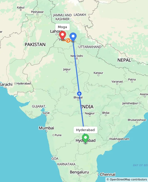 Route map showing distance and travel time from Hyderabad, India to Moga, India