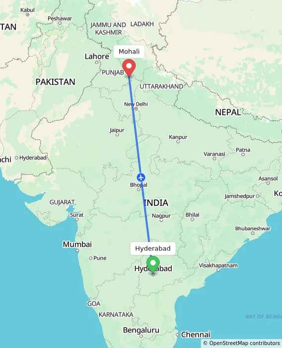 Route map showing distance and travel time from Hyderabad, India to Mohali, India