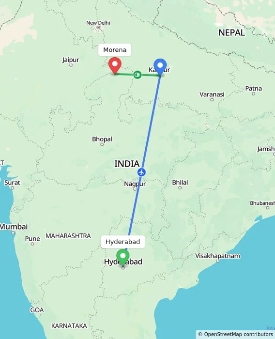 Route map showing distance and travel time from Hyderabad, India to Morena, India