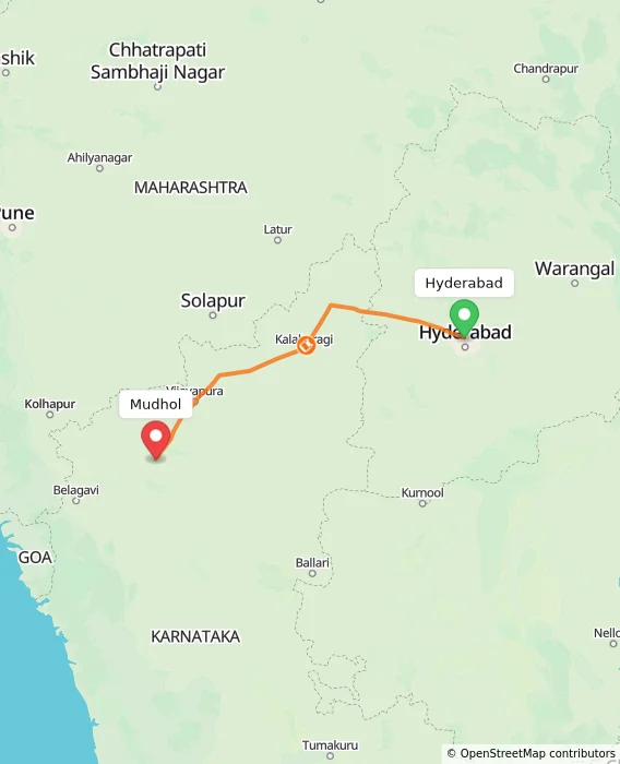 Route map showing distance and travel time from Hyderabad, India to Mudhol, India