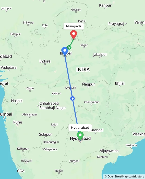Route map showing distance and travel time from Hyderabad, India to Mungaoli, India