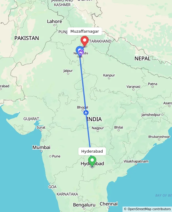 Route map showing distance and travel time from Hyderabad, India to Muzaffarnagar, India