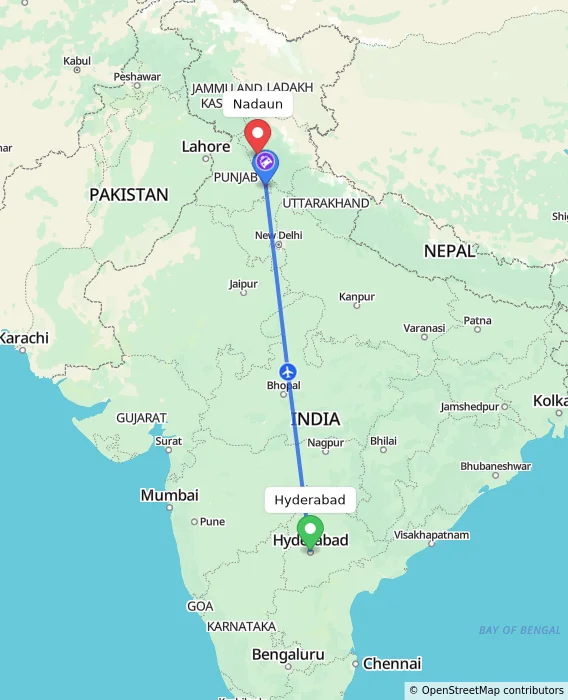 Route map showing distance and travel time from Hyderabad, India to Nadaun, India