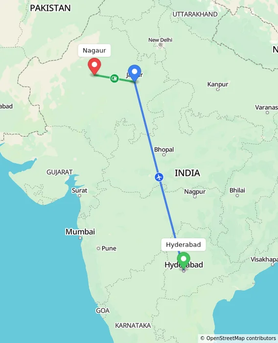 Route map showing distance and travel time from Hyderabad, India to Nagaur, India