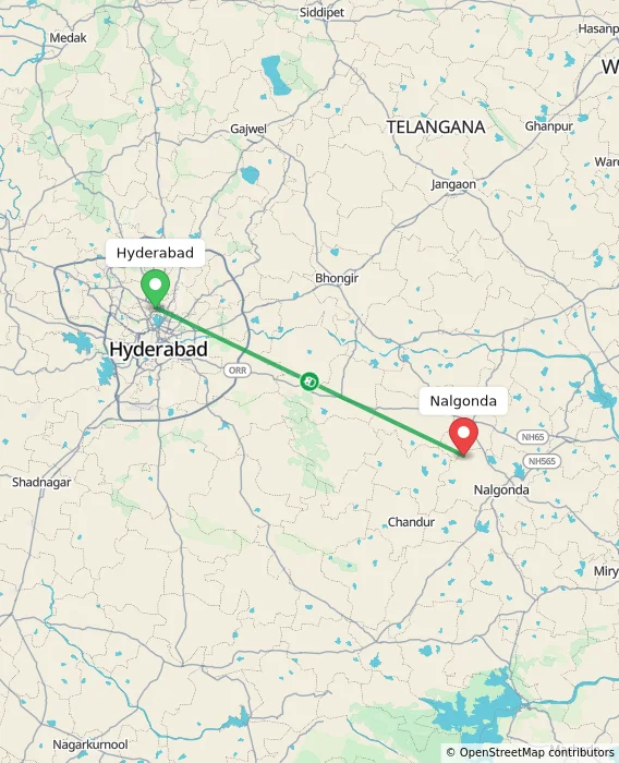 Route map showing distance and travel time from Hyderabad, India to Nalgonda, India