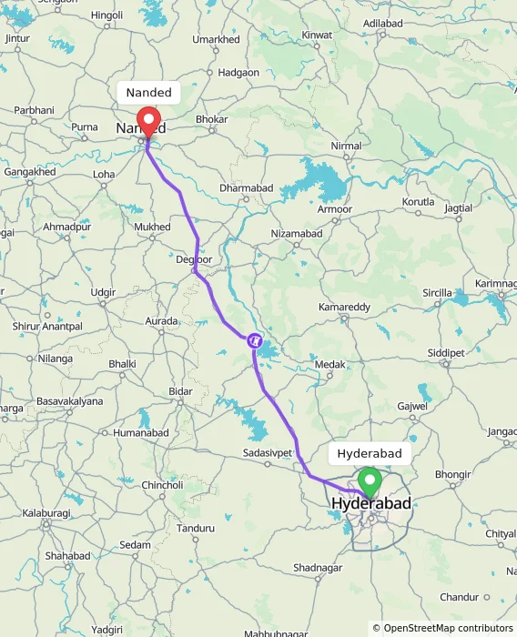 Route map showing distance and travel time from Hyderabad, India to Nanded, India