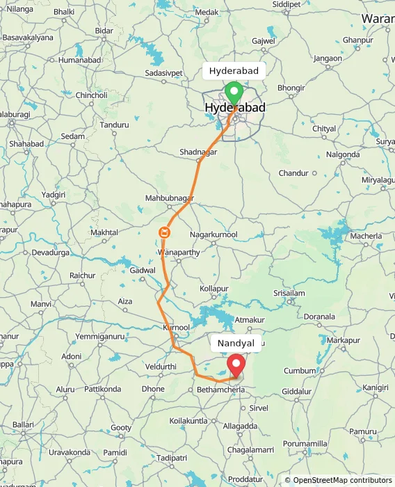 Route map showing distance and travel time from Hyderabad, India to Nandyal, India