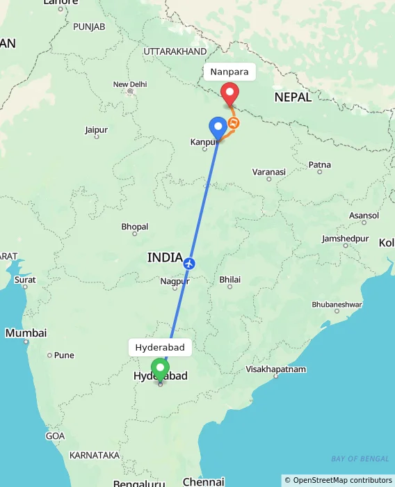 Route map showing distance and travel time from Hyderabad, India to Nanpara, India