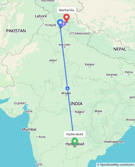 Route map showing distance and travel time from Hyderabad, India to Narkanda, India