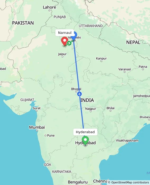 Route map showing distance and travel time from Hyderabad, India to Narnaul, India