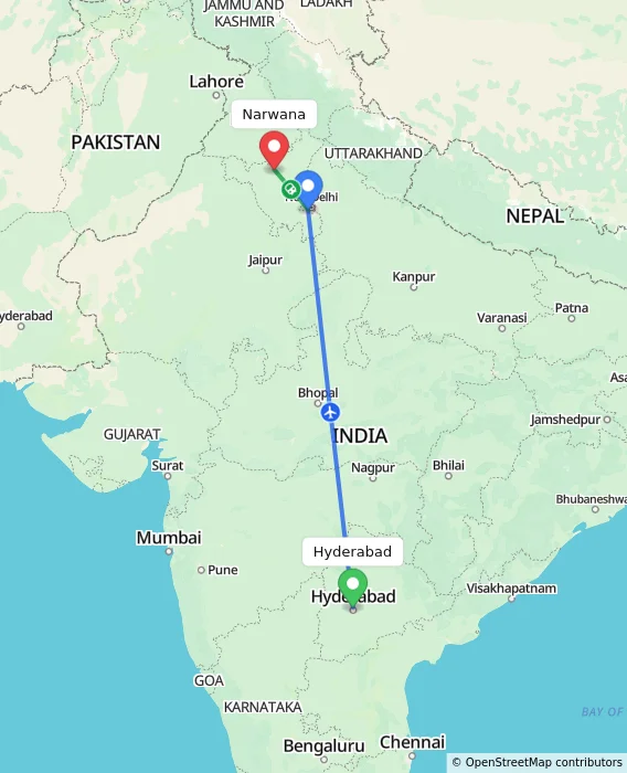 Route map showing distance and travel time from Hyderabad, India to Narwana, India