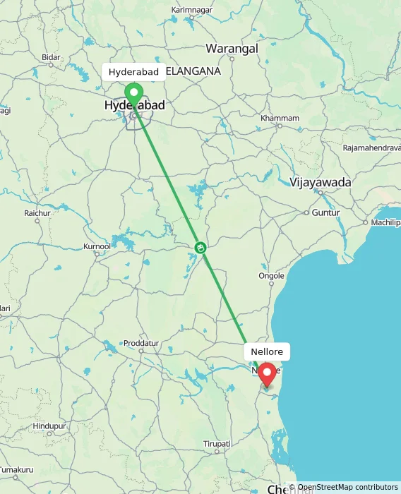 Route map showing distance and travel time from Hyderabad, India to Nellore, India